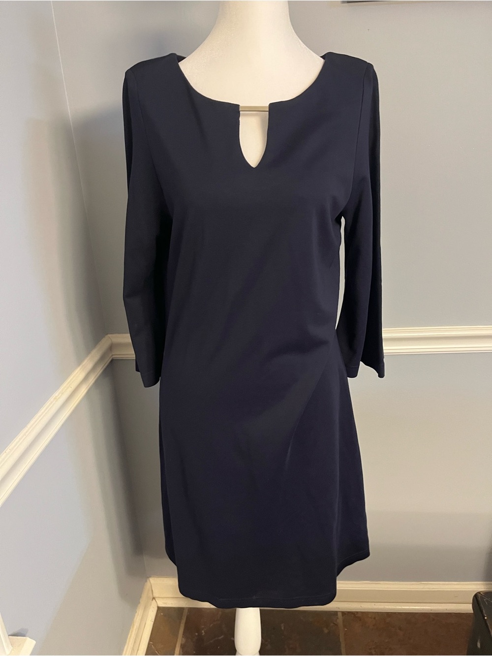 Sharagano Navy Keyhole bell Sleeve Shift Dress